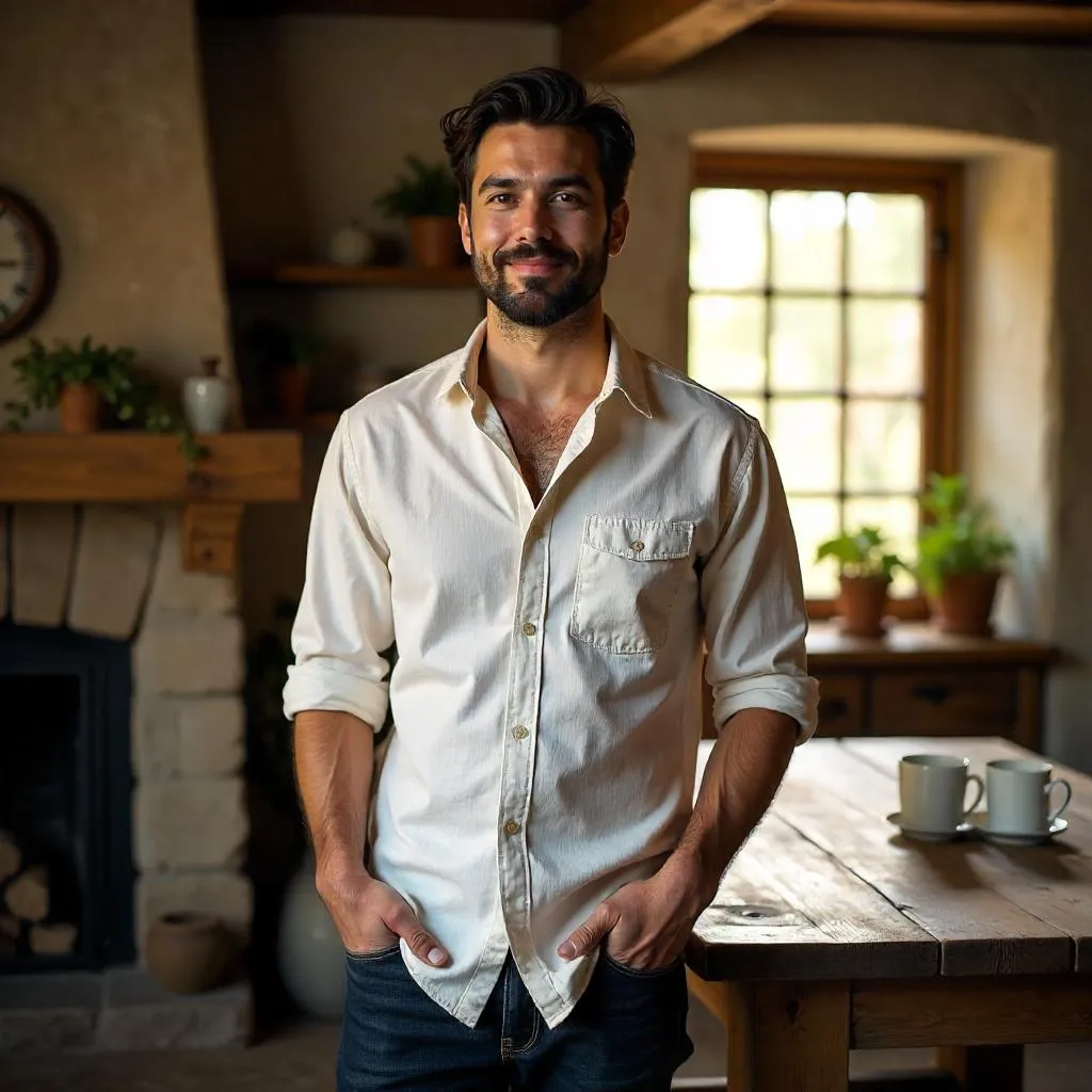 Confident Latino Man in a Cozy Cottage