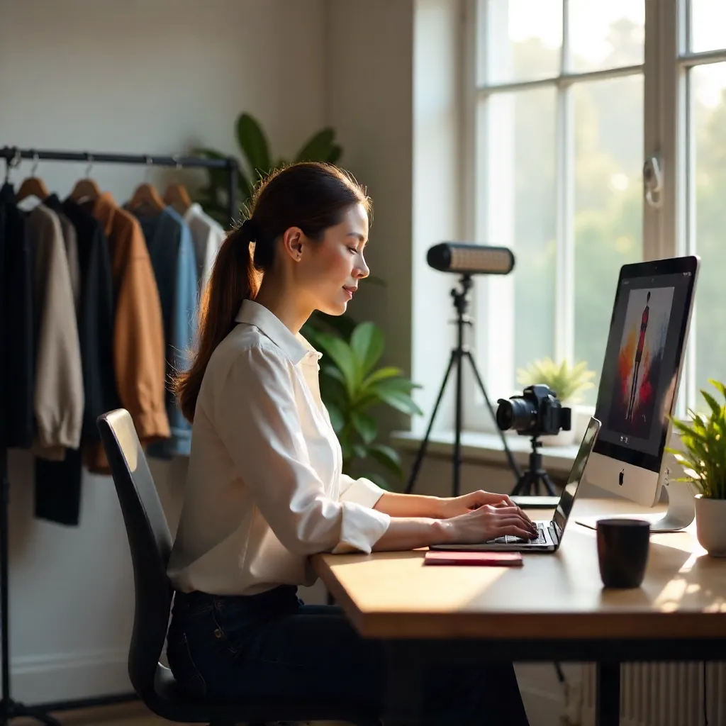 Focused Woman at Home Office with Clothing Rack and Camera