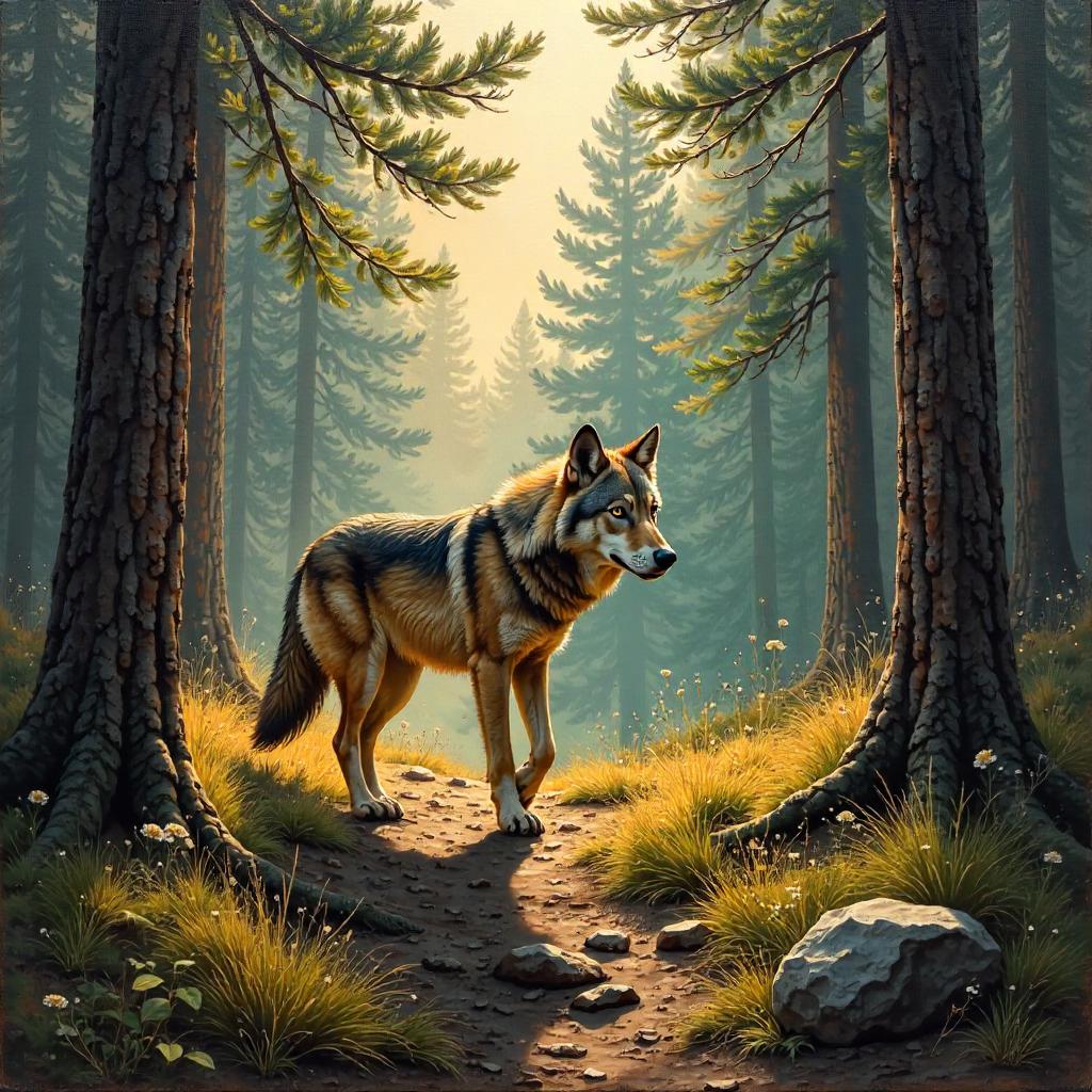 Lone Wolf in a Pine Forest – An Oil Painting