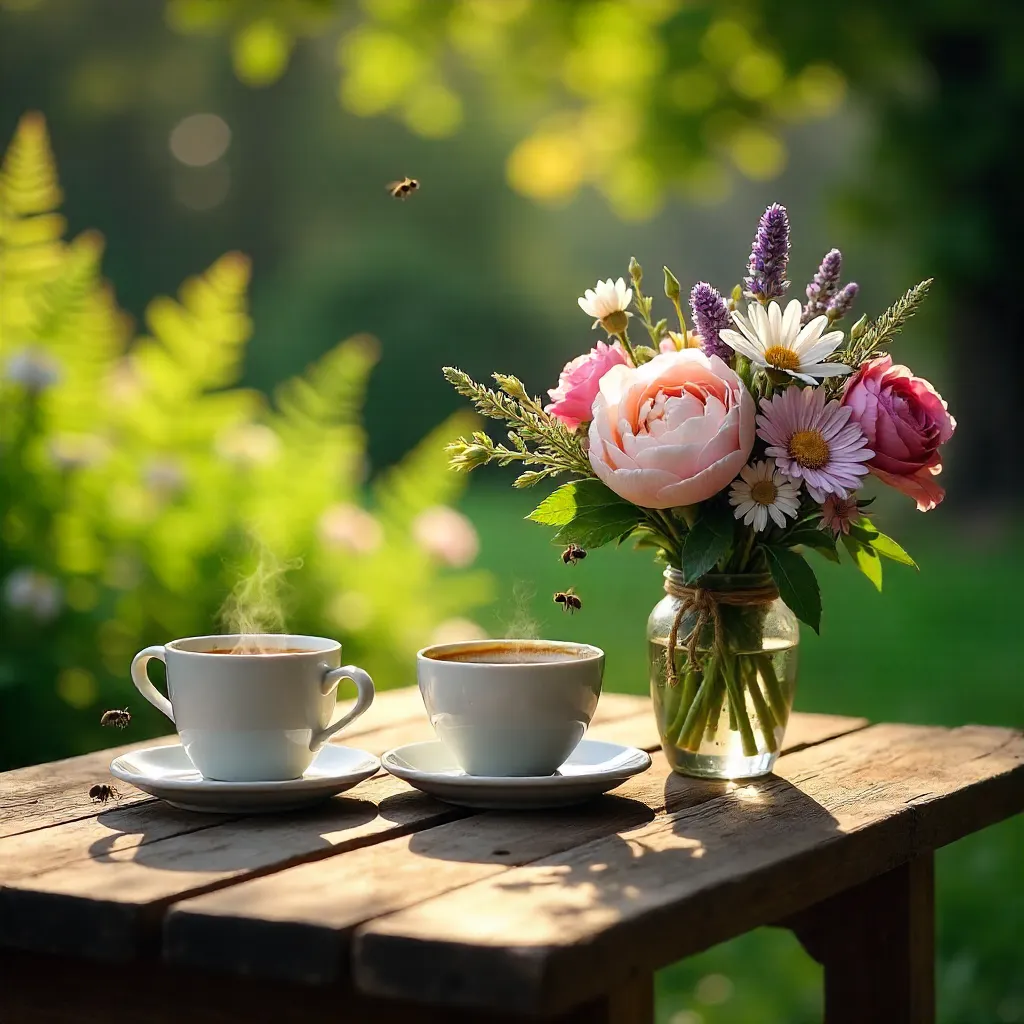 Garden Table with Coffee Cups and Bouquet