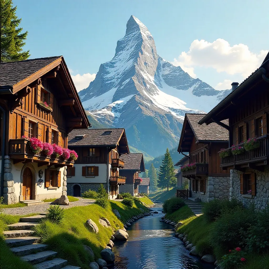 Matterhorn View with Rustic Zermatt Chalets at Dusk