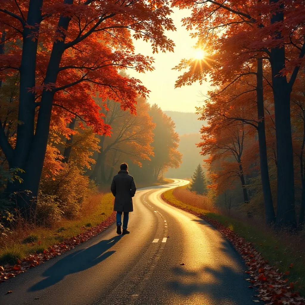 Autumn Wanderer on a Winding Fall Road