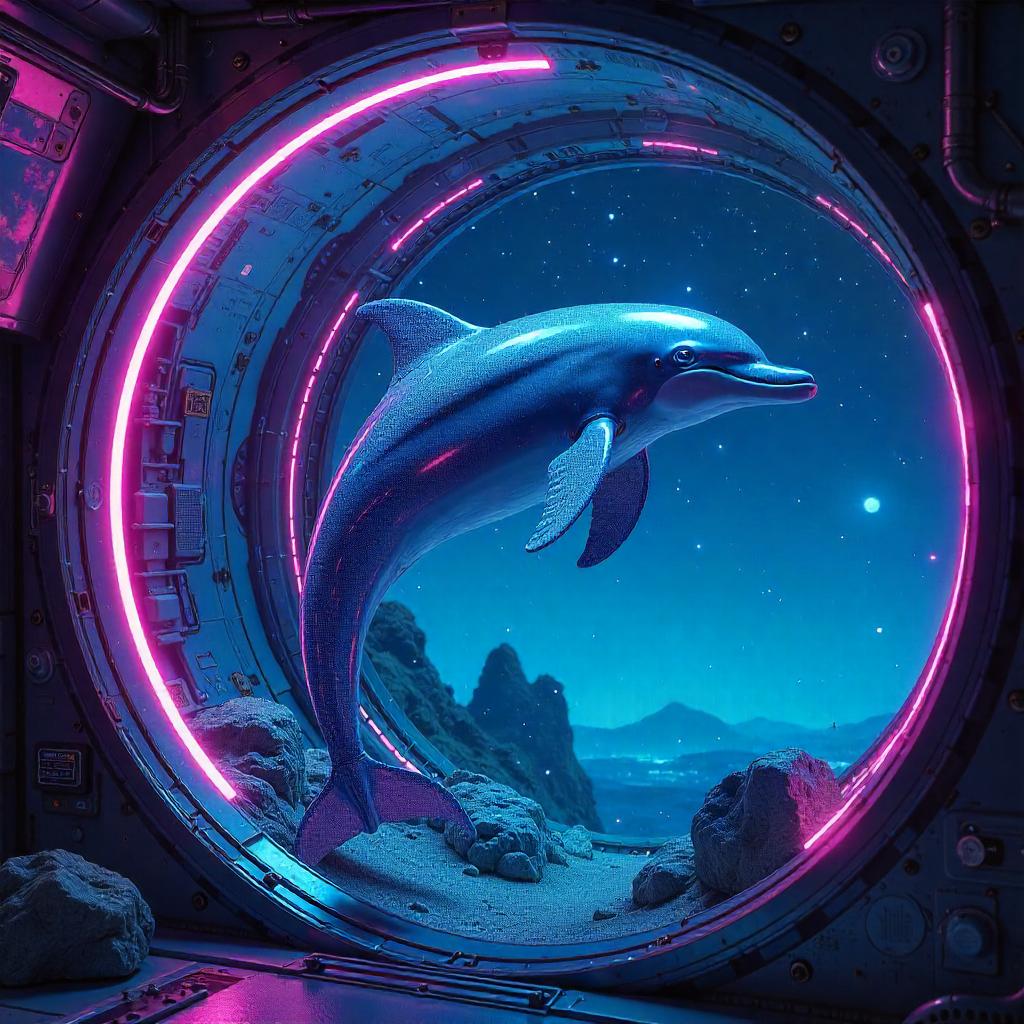 Dolphin Neon Cyberpunk in a Starfield Aquarium