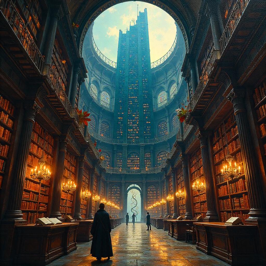 Skyscraper in a Magical Library - Oil Painting