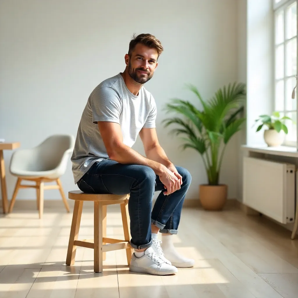 Casual Attire Man on Stool in a Bright Interior