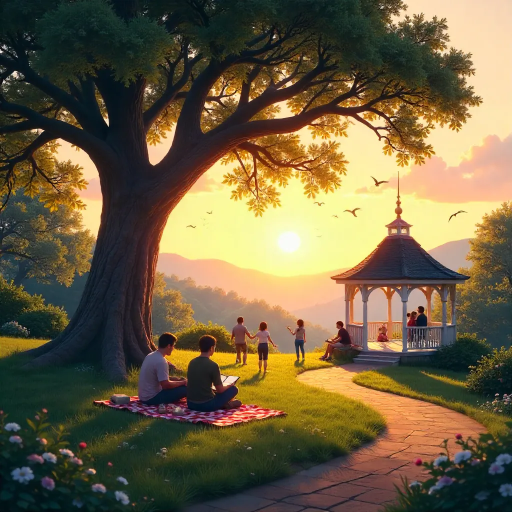 Sunset Serenity by the Tree and Gazebo