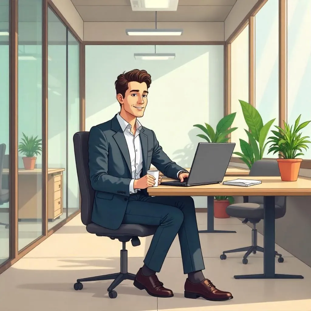 Elegant White Man in a Cartoon Coworking Space