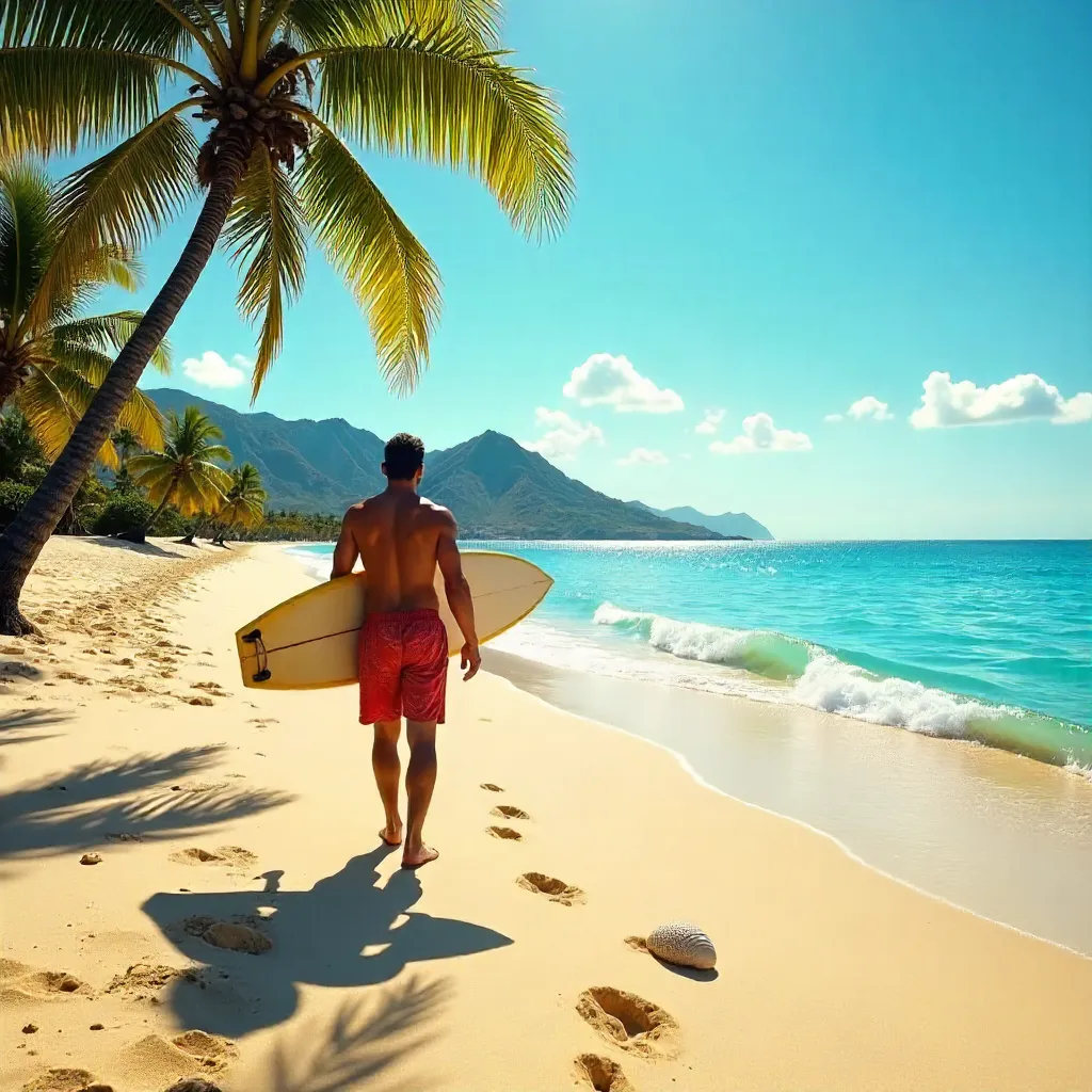 Surfer with Surfboard on Sunny Hawaiian Beach