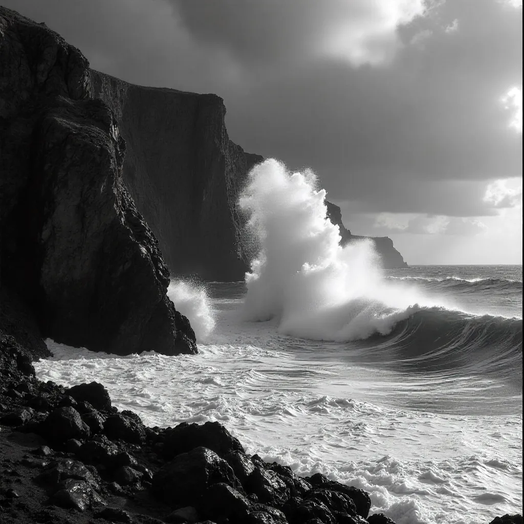 Crashing Waves Against Cliffs: Black & White Seascape