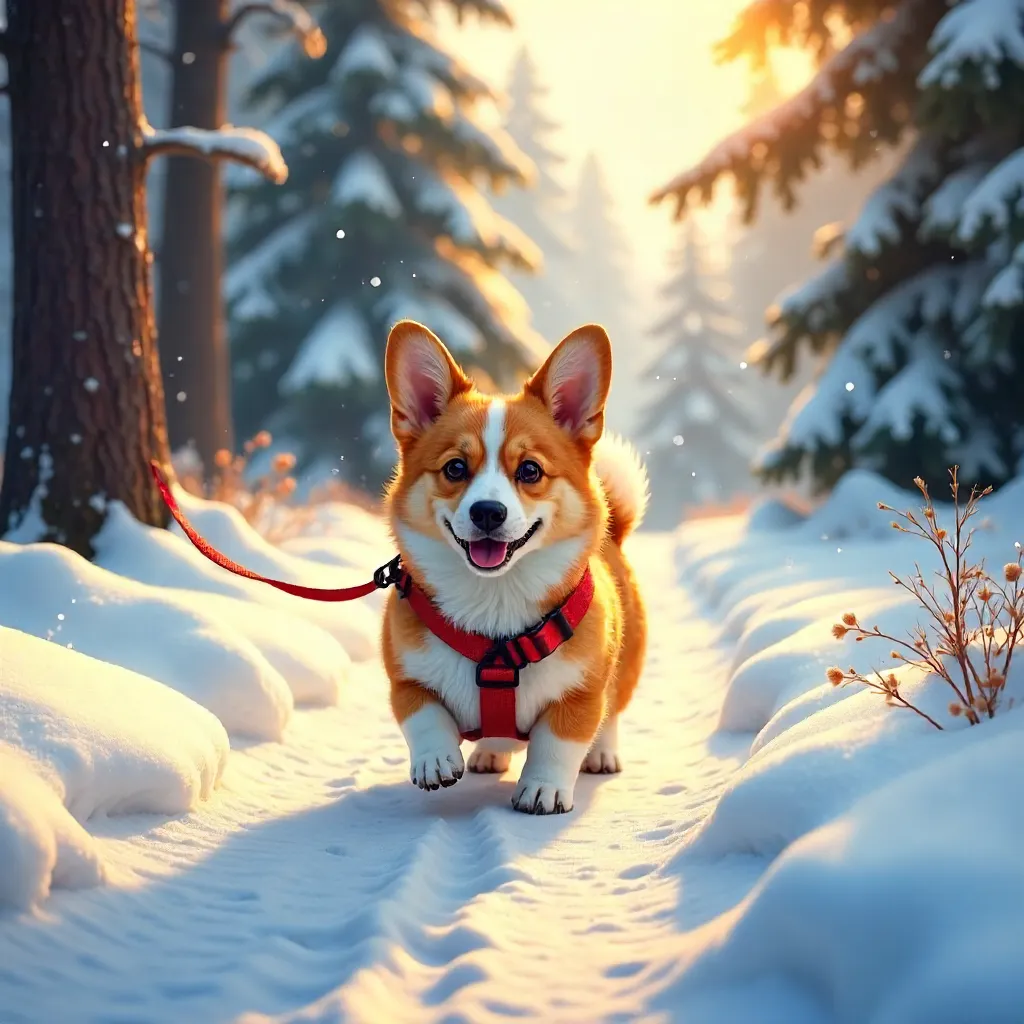 Corgi on a Leash Exploring a Snowy Forest Path