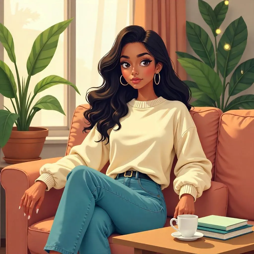 Stylish Latina in a Cozy Anime Home Scene