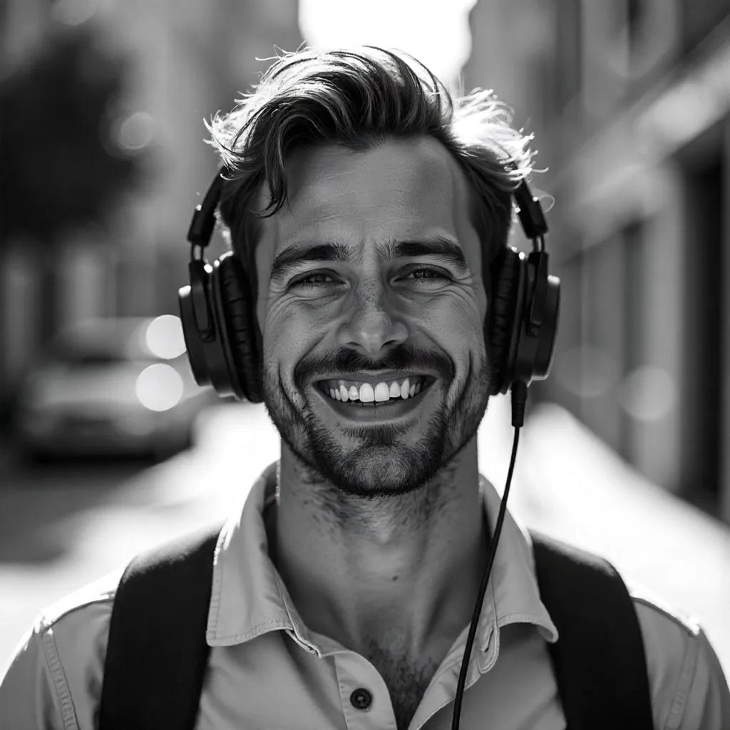 Outdoor Black-and-White Portrait: Smiling Man with Headphones