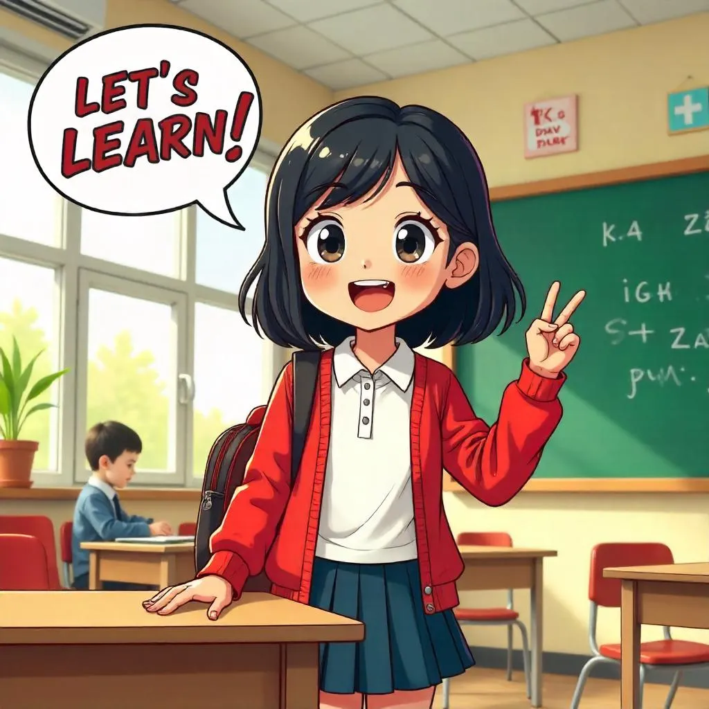 Cheerful Asian student in a comic classroom