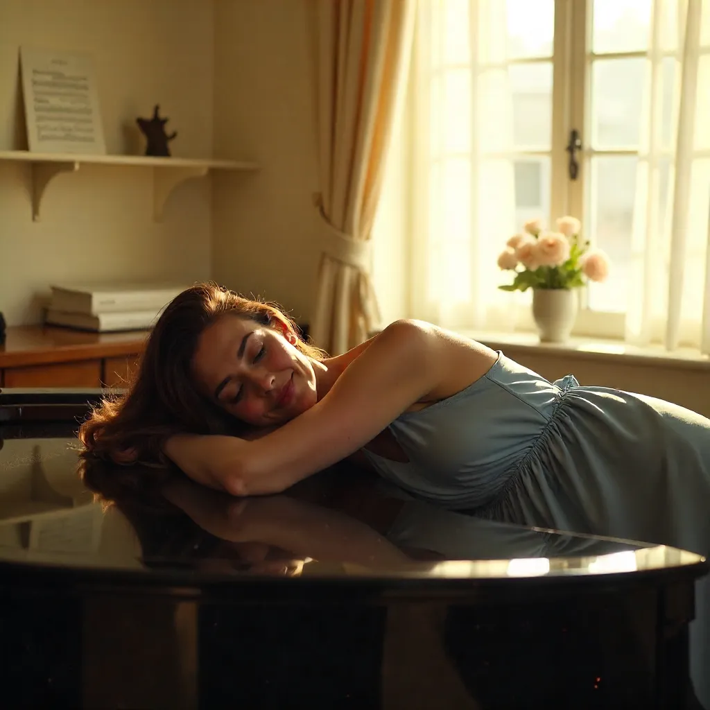 Serene Woman Reposing on a Grand Piano