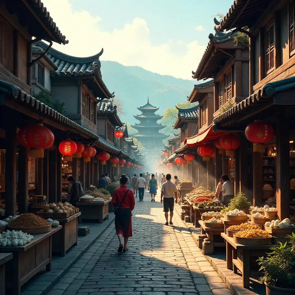 Sunlit Wooden Market Lane of China: A Cultural Panorama