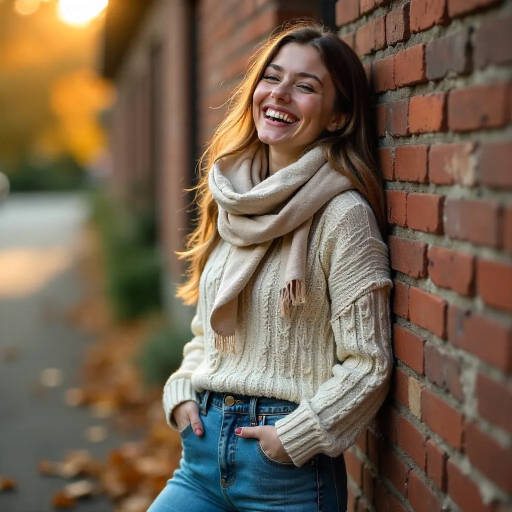 Laughing Woman by Rustic Brick Wall in Autumn