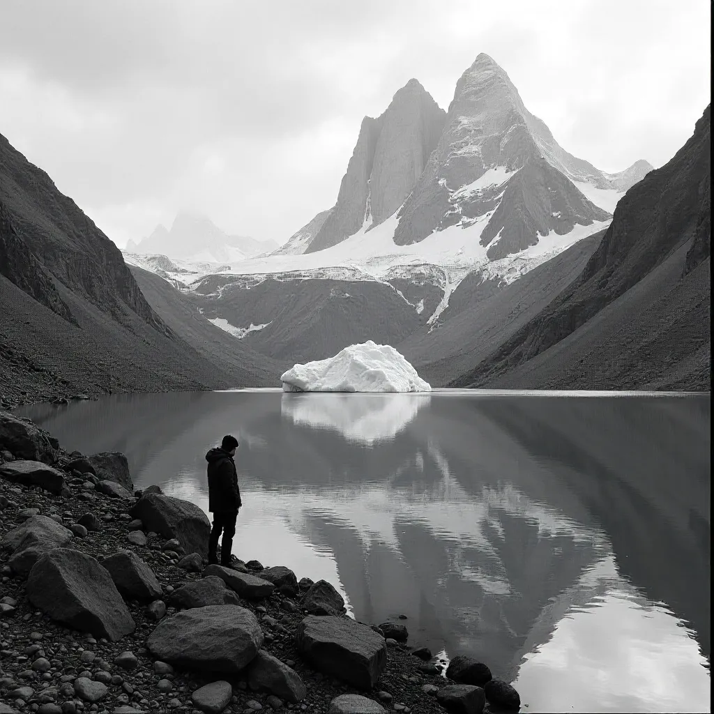 Lone Wanderer by an Iceberg on a Mountain Lake (B&W)