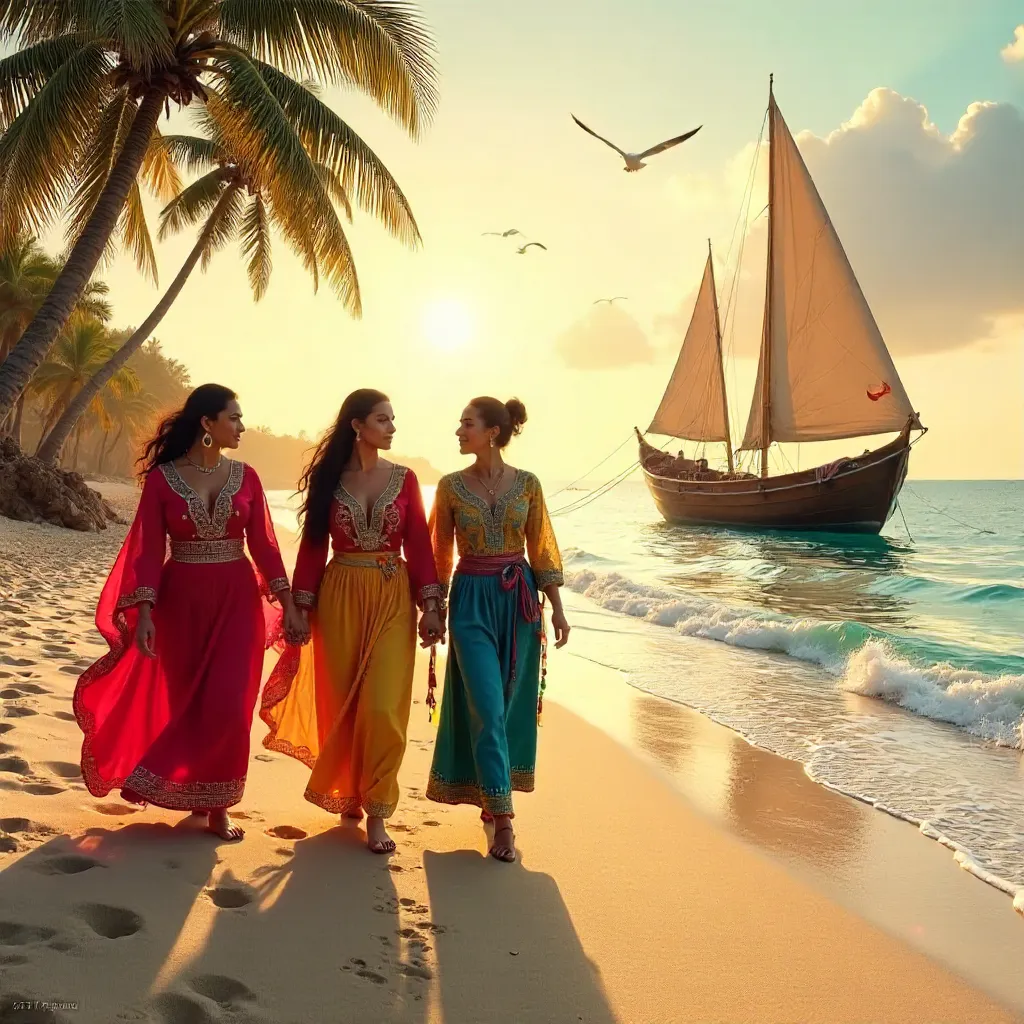 Bright Attire on the Beach with a Traditional Boat