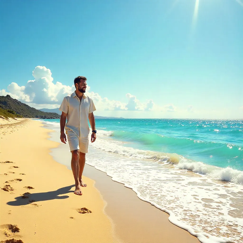Sunlit Beach Walk and Serene Ocean View