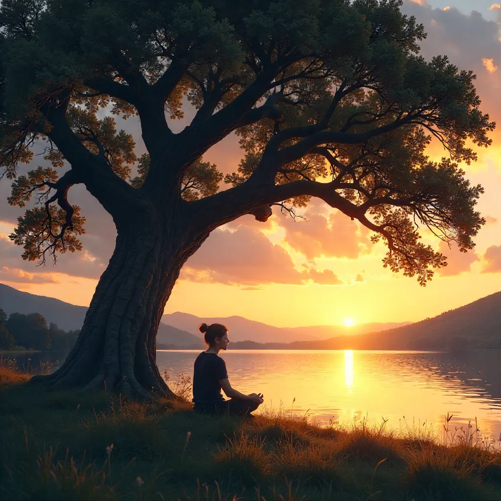 Solitary Reflection Under Sunset Tree