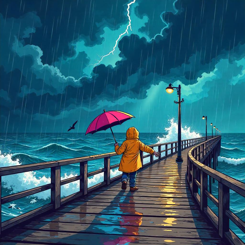 Cartoon Storm on a Windy Pier