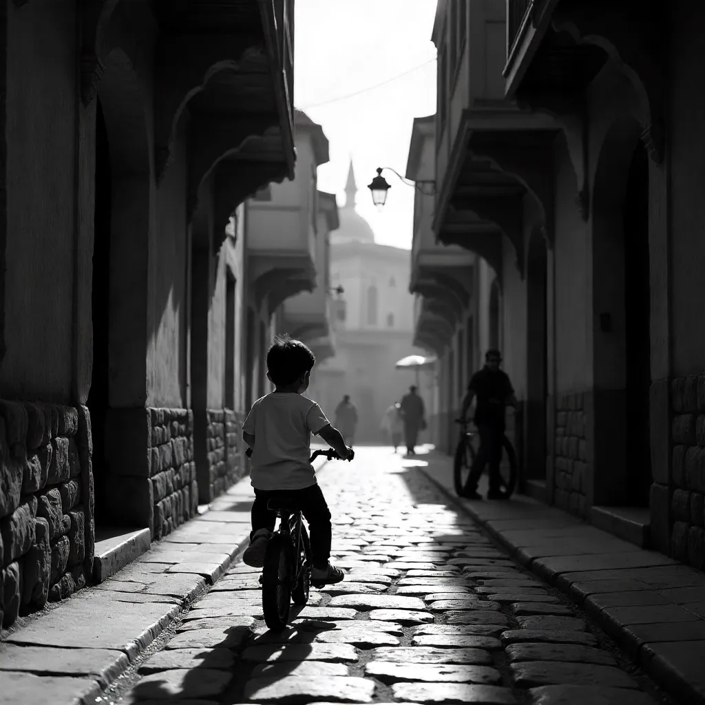 Shadowed Bursa Street: Child on a Bicycle in Black and White