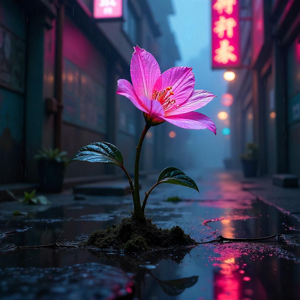 Neon Bloom in a Cyberpunk Alley