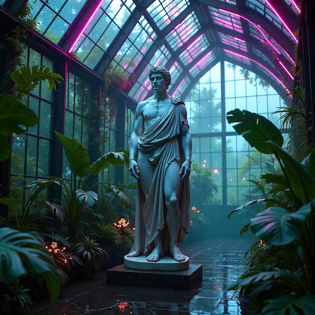 Neon Greenhouse Cyberpunk Statue Guardian