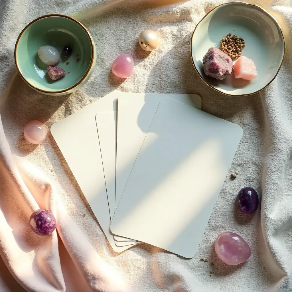 Tranquil Tarot Flat Lay with Crystals and Dish