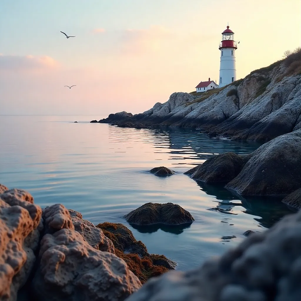 Lighthouse Behind Tranquil Coastal Rocks