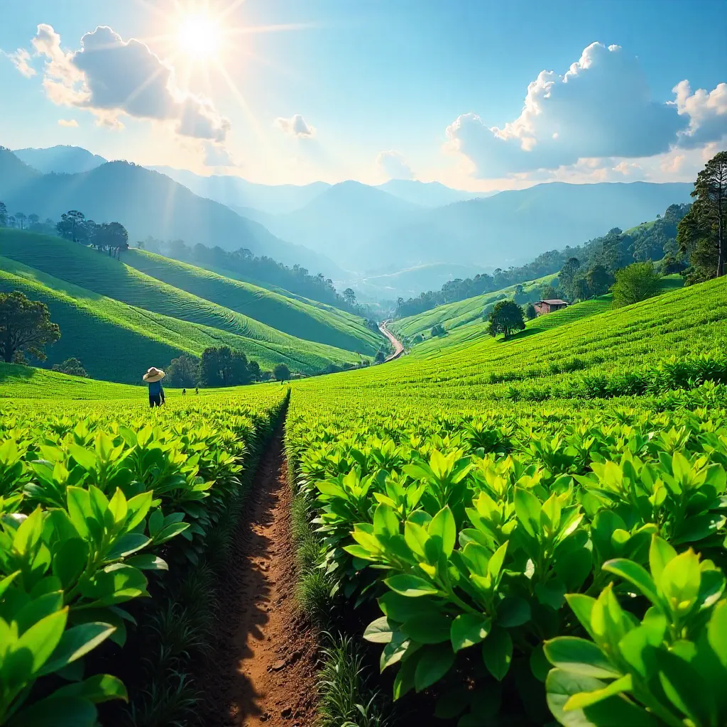Sunlit Expansive Tea Plantation Panorama