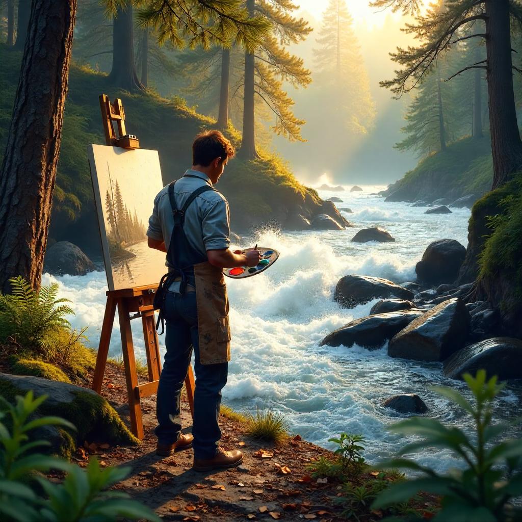Photorealistic Artist Painting by a Rushing River