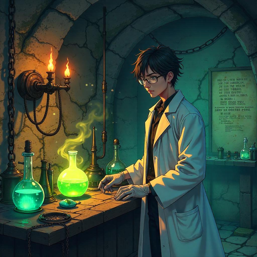 Anime Scientist in a Gothic Dungeon Laboratory