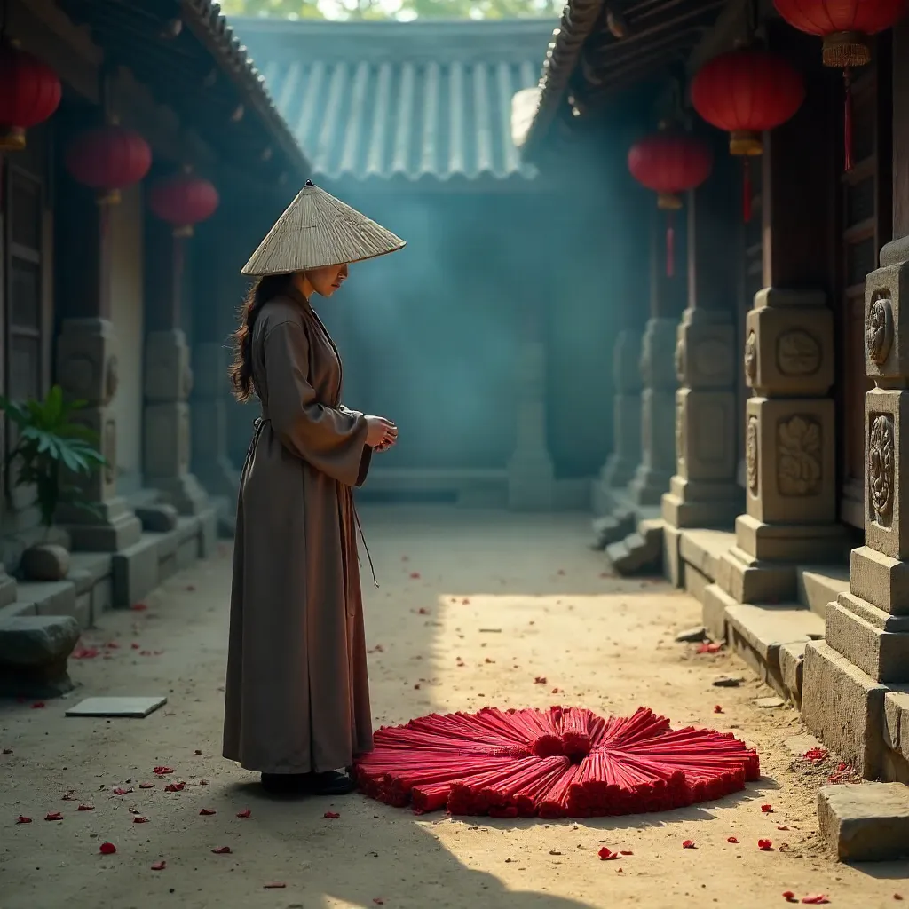 Conical Hat Woman Arranges Red Incense Bundles