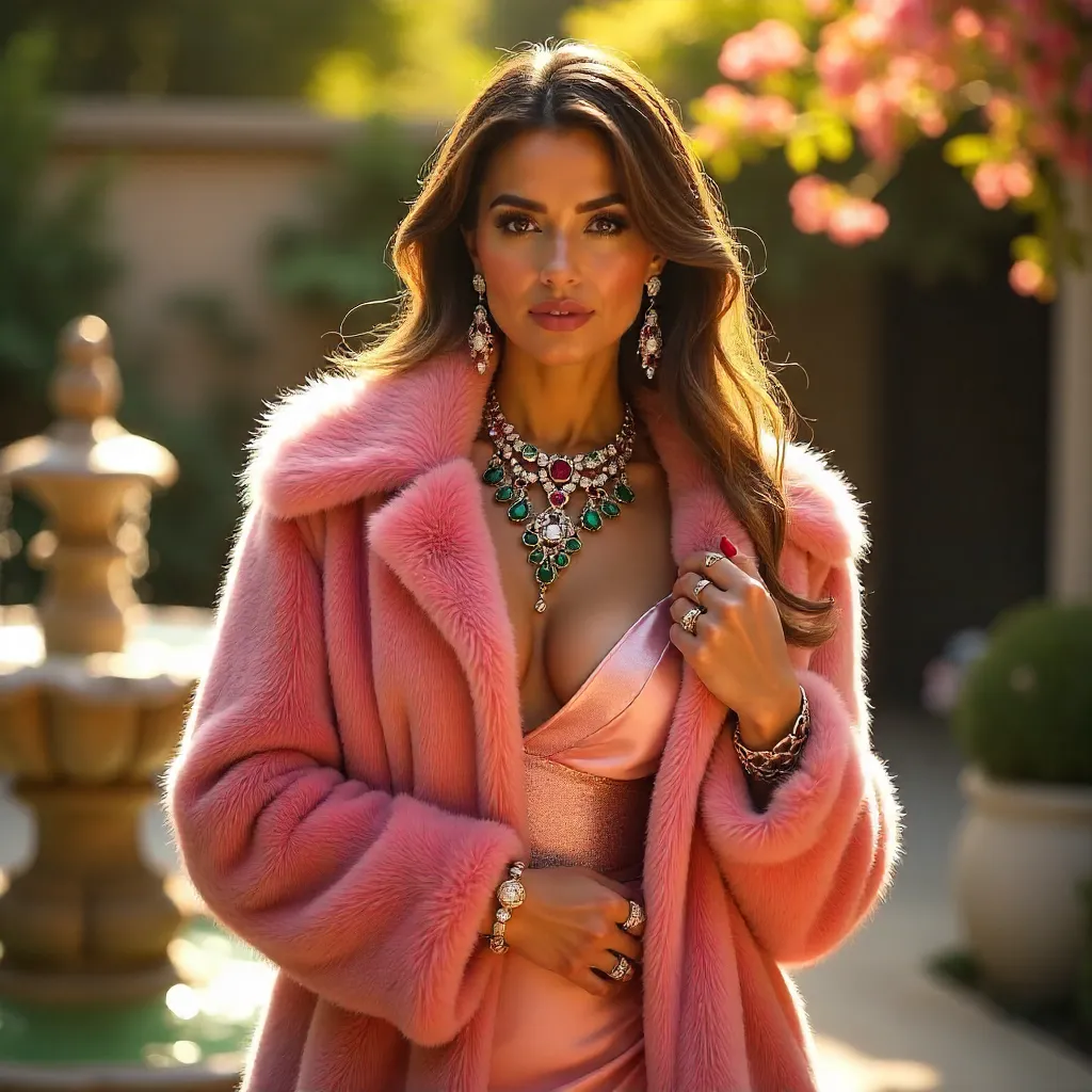 Glamorous Woman in Pink Fur Coat with Vibrant Jewelry Outdoors