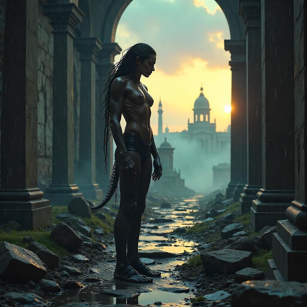 Photoreal Shapeshifter Amid Ancient Ruins at Dusk