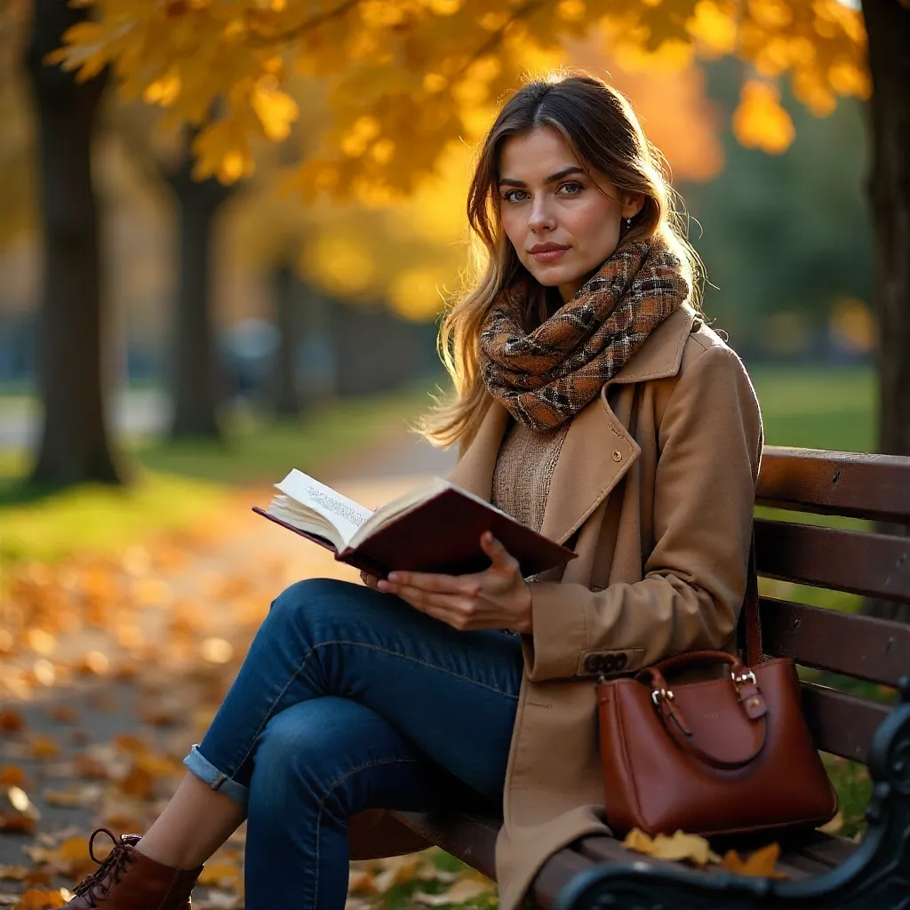 Autumn Chic: Stylish Woman Reading Outdoors