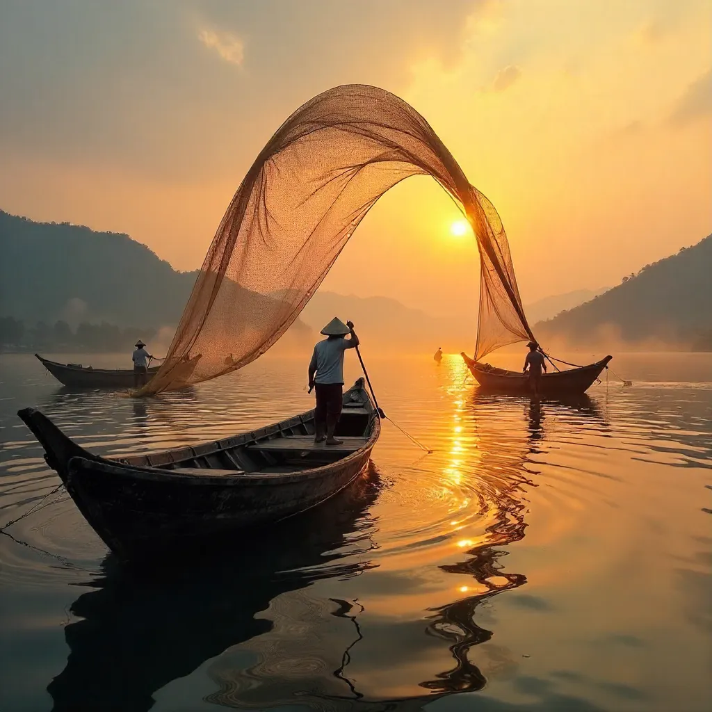 Golden Sunrise Fishermen on Wooden Boats in Shan State