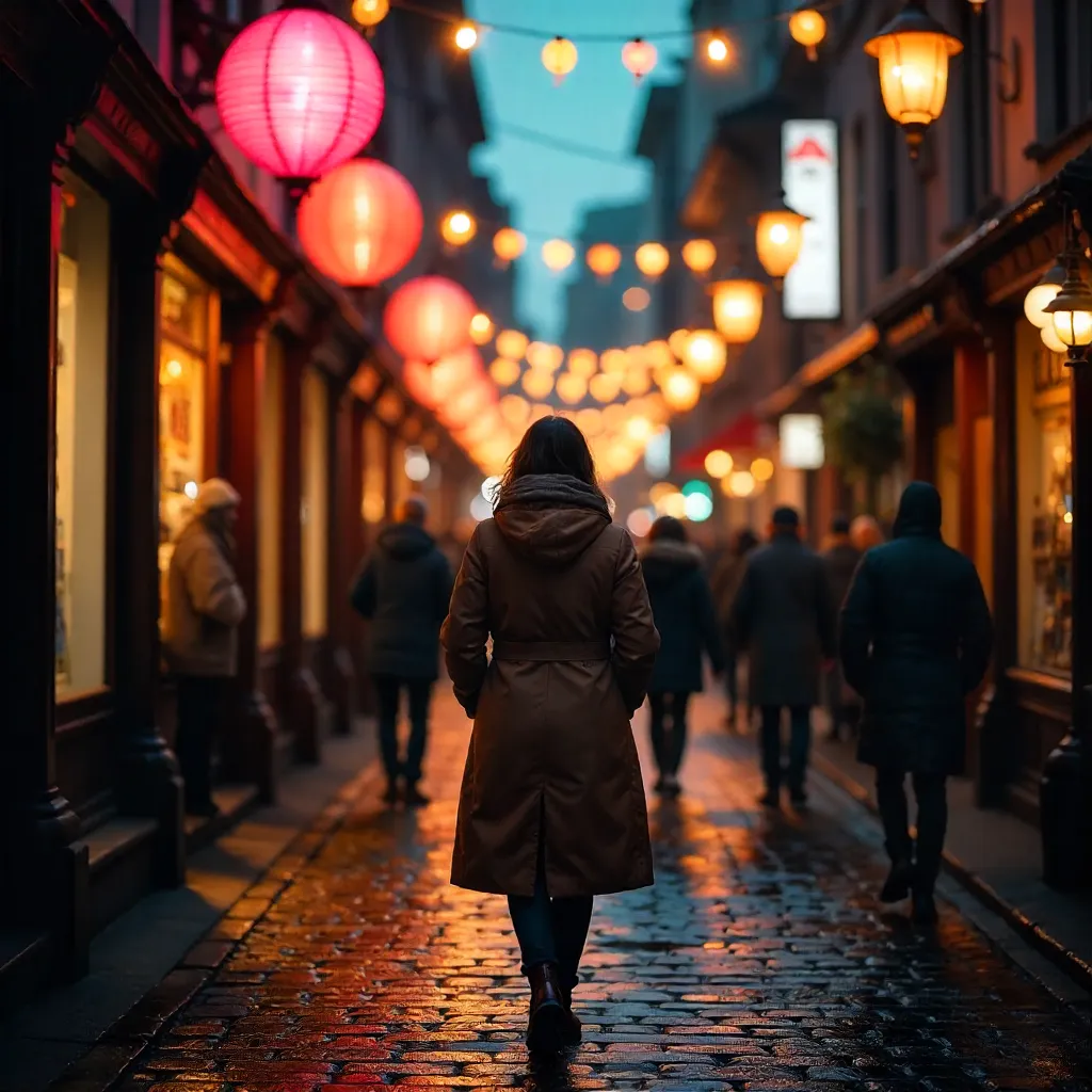 Warm Neon Stroll Through a Lively City Street