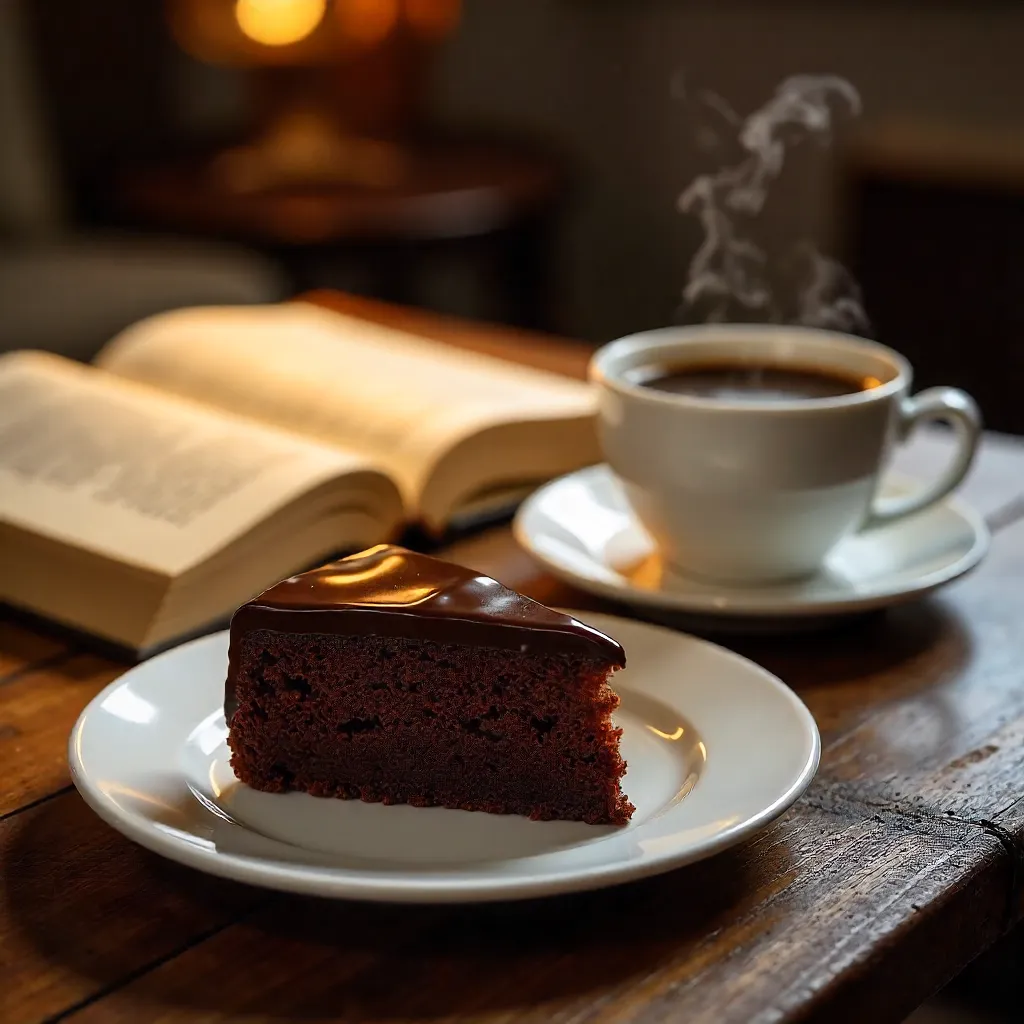 Cozy Slice of Chocolate Cake, Coffee, and a Book