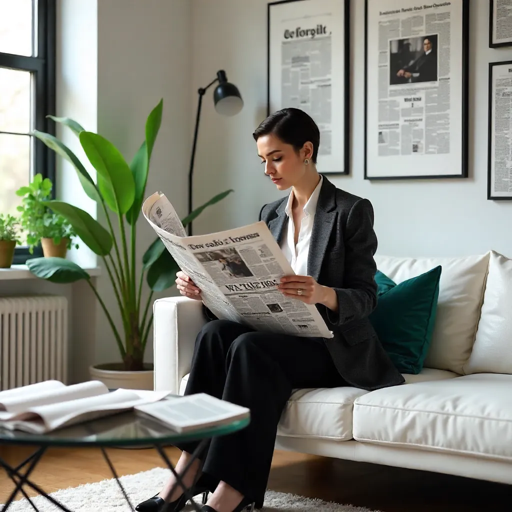 Chic Reader in a Newspaper-Adorned Modern Room