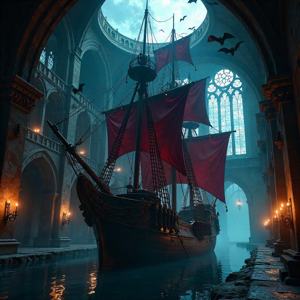 Moonlit Galleon Amid Gothic Vampire Castle