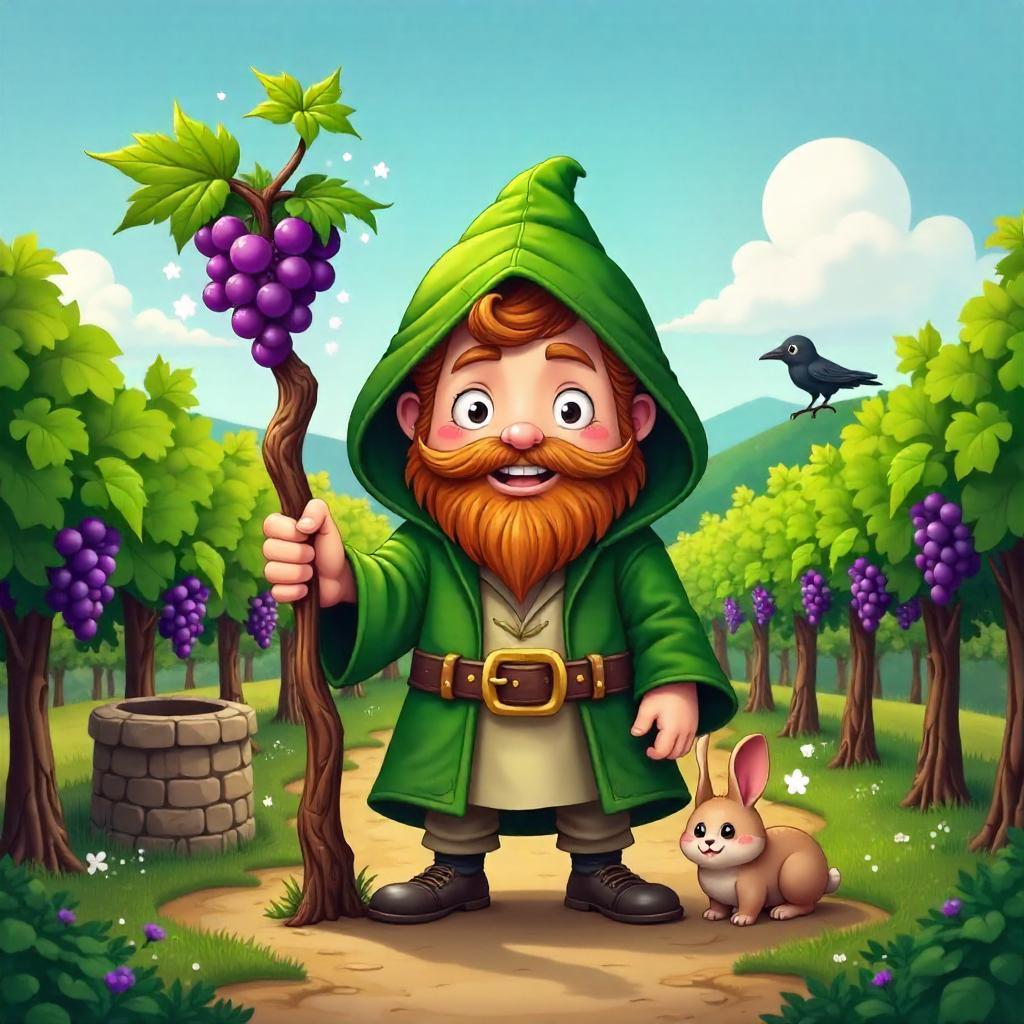 Cartoon Druid in a Verdant Vineyard