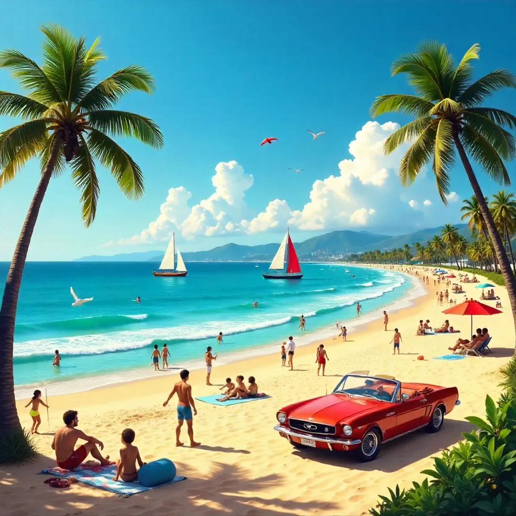 Vibrant Beach Scene with Sailboats and Cars