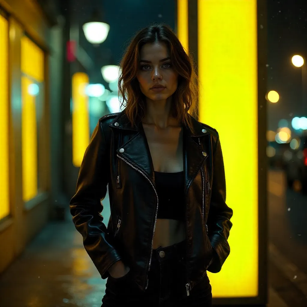 Mysterious Woman in Leather Against Yellow Night