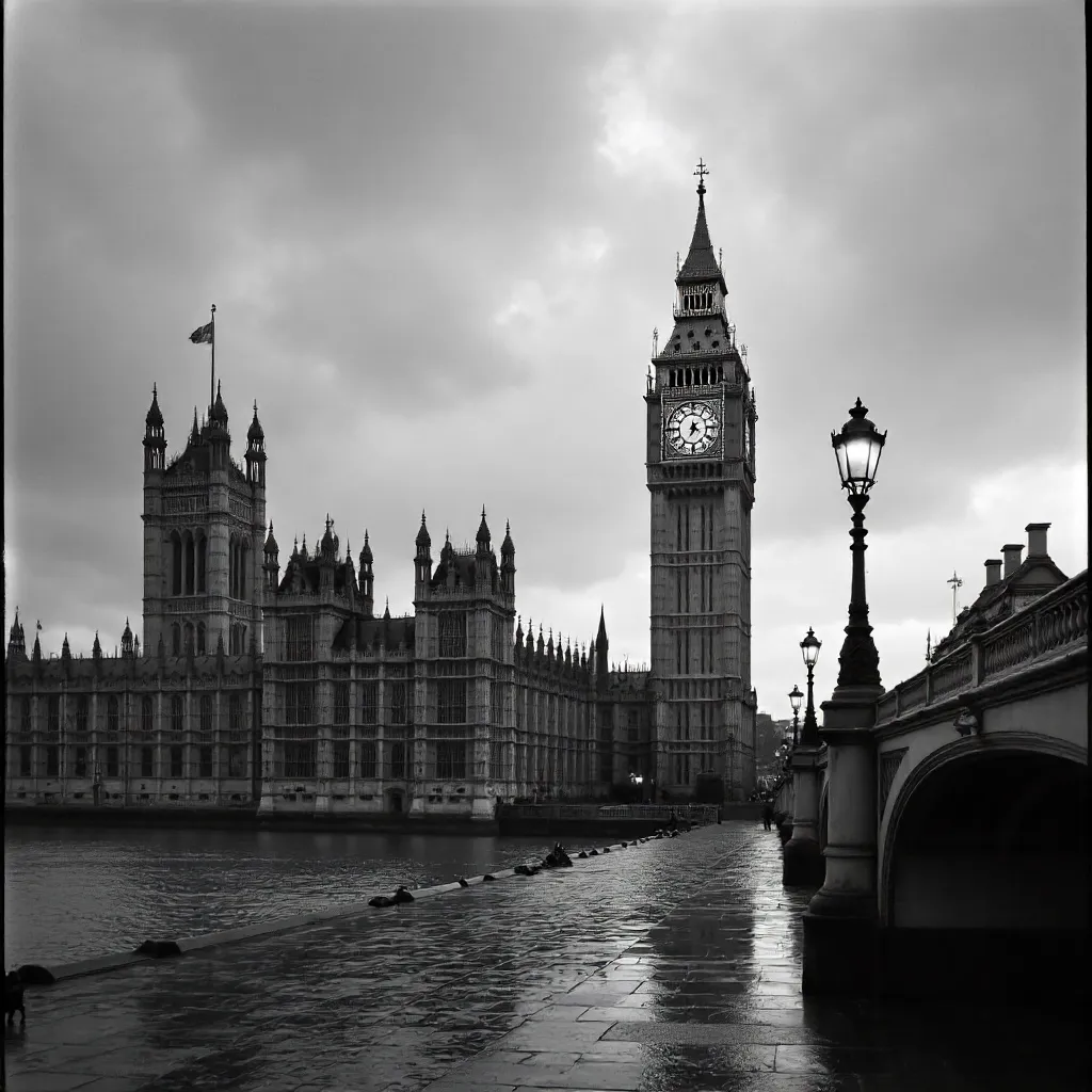 Monochrome Big Ben and Parliament Under Cloudy Skies