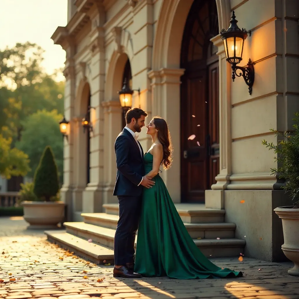 Romantic Moment at Historic Building Entrance
