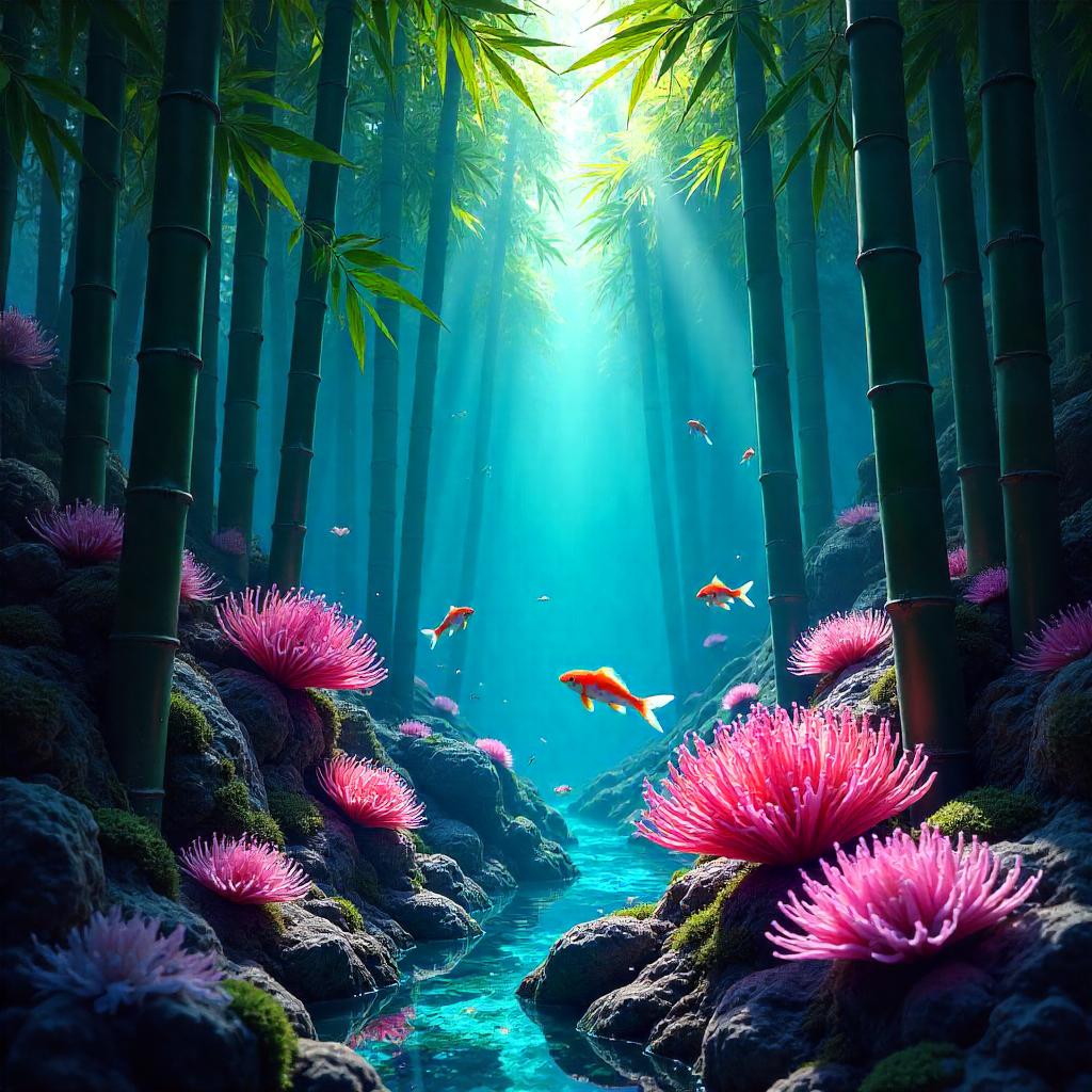 Neon Coral Reef in a Bamboo Cyber-Grove