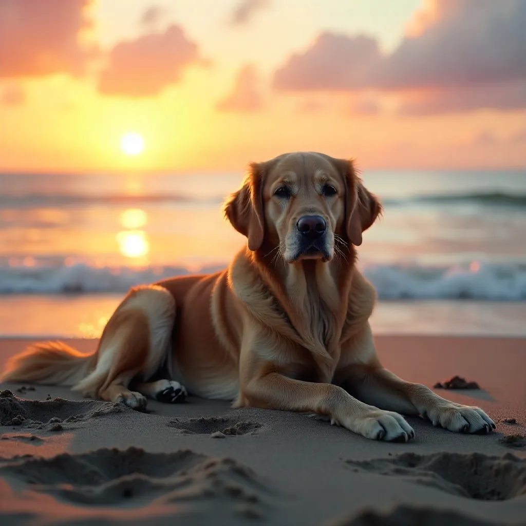 Golden Retriever at Sunset on a Serene Beach