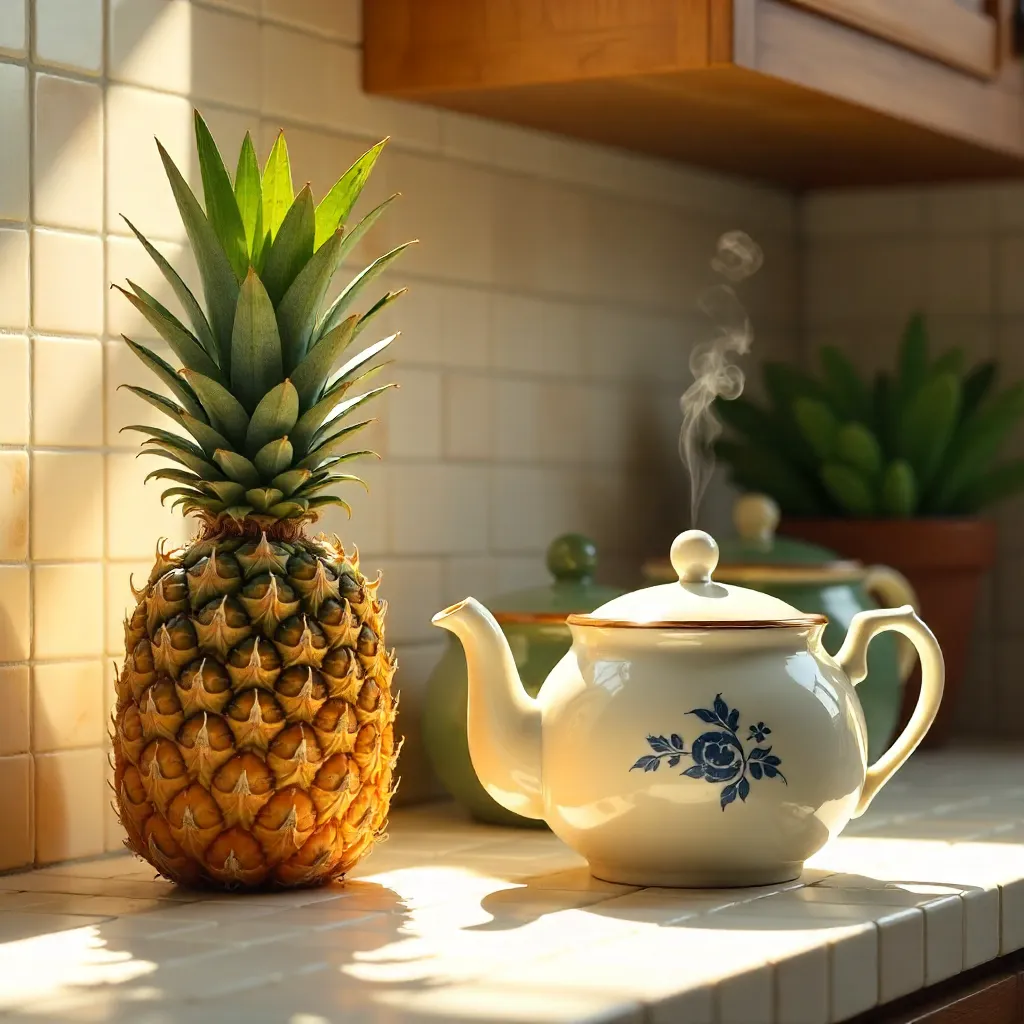 Warm Pineapple and Teapots on a Tiled Counter
